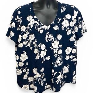 LOFT Navy Floral Cotton V-Neck Tee XL Blue White Short Sleeve